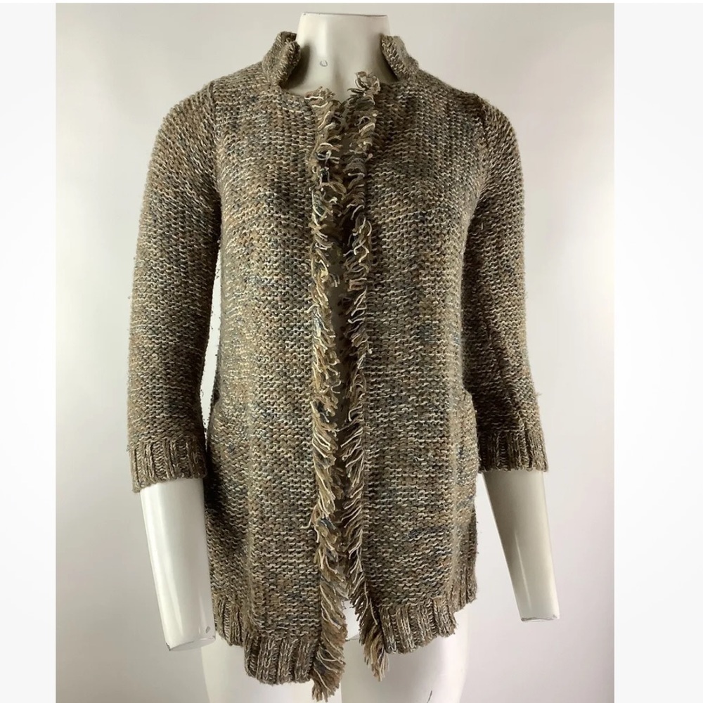 Anthropologie Sz XS Fringe Hem Open Face Cardigan Brown Wool Linen Blend